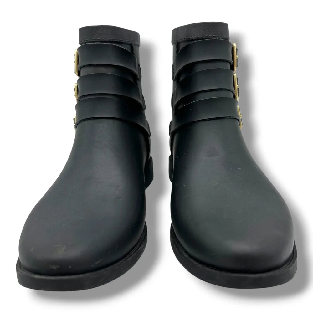 Loeffler Randall Fenton Black Rubber Triple Buckle Rain Boot Gold Hardware Ankle